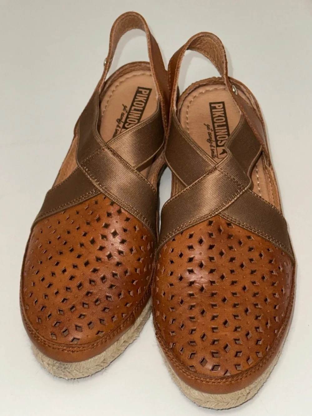 PIKOLINOS Brown Leather Wedge Elastic Espadrille Benidorm size 38 EU 7.5/8 US